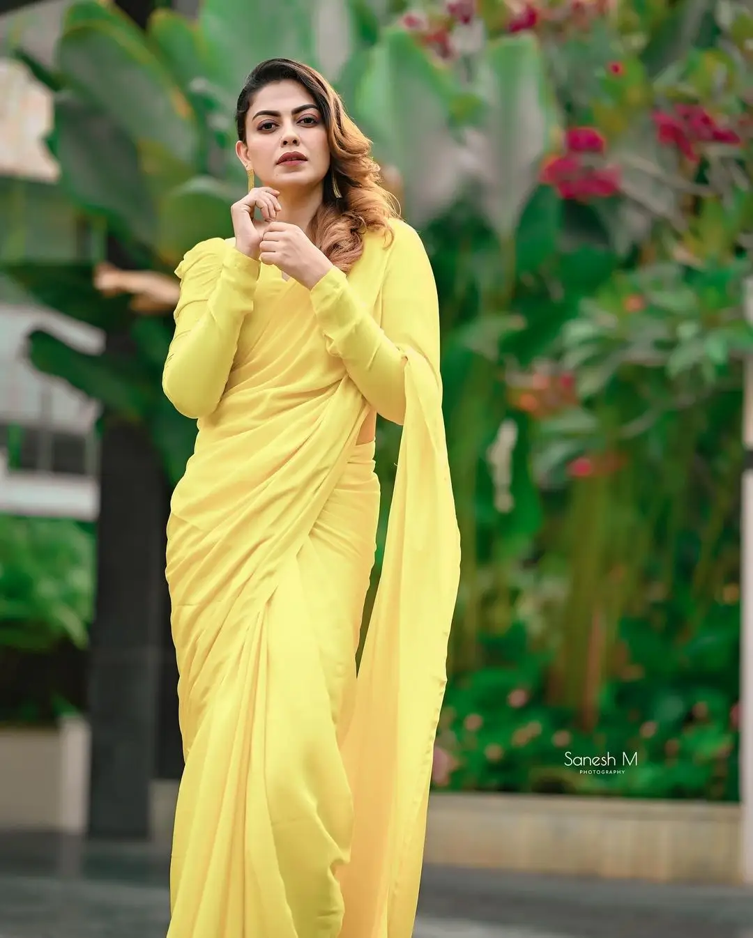 Anusree Nair In South Indian Traditional Yellow Saree Earrings Jewellery